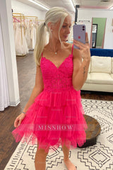 Misshow Fuchsia A Line Tiered Corset Short Homecoming Dress/Mini Dress With Appliques