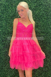 Misshow Fuchsia A Line Tiered Corset Short Homecoming Dress/Mini Dress With Appliques
