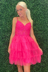 Misshow Fuchsia A Line Tiered Corset Short Homecoming Dress/Mini Dress With Appliques