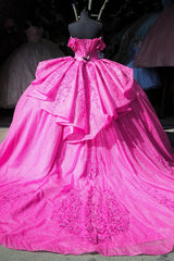 Misshow Fuchsia Ball Gown Off-Shoulder Sleeveless Quinceanera Dress with Beaded Appliques & Lace-Up Corset for Sweet 16 & Birthday Parties