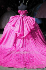 Misshow Fuchsia Ball Gown Off-Shoulder Sleeveless Quinceanera Dress with Beaded Appliques & Lace-Up Corset for Sweet 16 & Birthday Parties