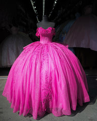 Misshow Fuchsia Ball Gown Off-Shoulder Sleeveless Quinceanera Dress with Beaded Appliques & Lace-Up Corset for Sweet 16 & Birthday Parties