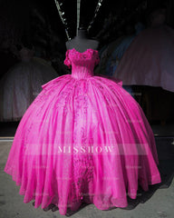Misshow Fuchsia Ball Gown Off-Shoulder Sleeveless Quinceanera Dress with Beaded Appliques & Lace-Up Corset for Sweet 16 & Birthday Parties