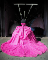 Misshow Fuchsia Ball Gown Off-Shoulder Sleeveless Quinceanera Dress with Beaded Appliques & Lace-Up Corset for Sweet 16 & Birthday Parties