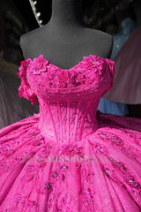 Misshow Fuchsia Ball Gown Off-Shoulder Sleeveless Quinceanera Dress with Beaded Appliques & Lace-Up Corset for Sweet 16 & Birthday Parties