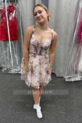 Misshow Fuchsia Corset A Line Floral Short Homecoming Dress/Mini Dress