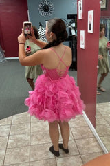 Misshow Fuchsia Corset Floral A-Line Short Homecoming Dress/Mini Dress with Lace