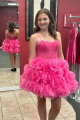 Misshow Fuchsia Corset Floral A-Line Short Homecoming Dress/Mini Dress with Lace