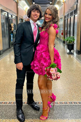 Misshow Fuchsia Corset Floral Ruffled Short Homecoming Dress/Mini Dress with Lace