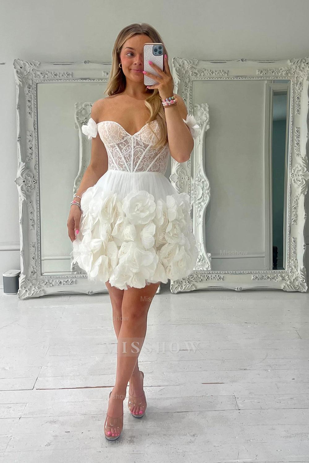 Misshow Fuchsia Corset Floral Ruffled Short Homecoming Dress/Mini Dress with Lace