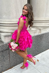 Misshow Fuchsia Corset Floral Ruffled Short Homecoming Dress/Mini Dress with Lace