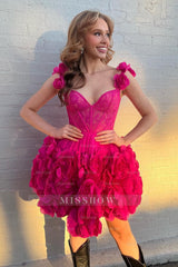 Misshow Fuchsia Corset Floral Ruffled Short Homecoming Dress/Mini Dress with Lace