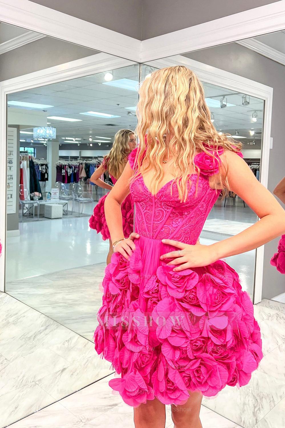 Misshow Fuchsia Corset Floral Ruffled Short Homecoming Dress/Mini Dress with Lace