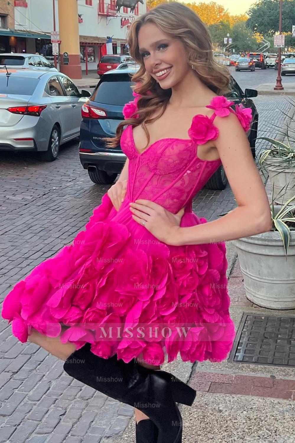 Misshow Fuchsia Corset Floral Ruffled Short Homecoming Dress/Mini Dress with Lace