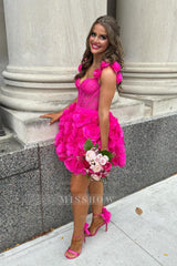 Misshow Fuchsia Corset Floral Ruffled Short Homecoming Dress/Mini Dress with Lace
