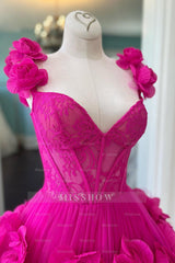 Misshow Fuchsia Corset Floral Ruffled Short Homecoming Dress/Mini Dress with Lace