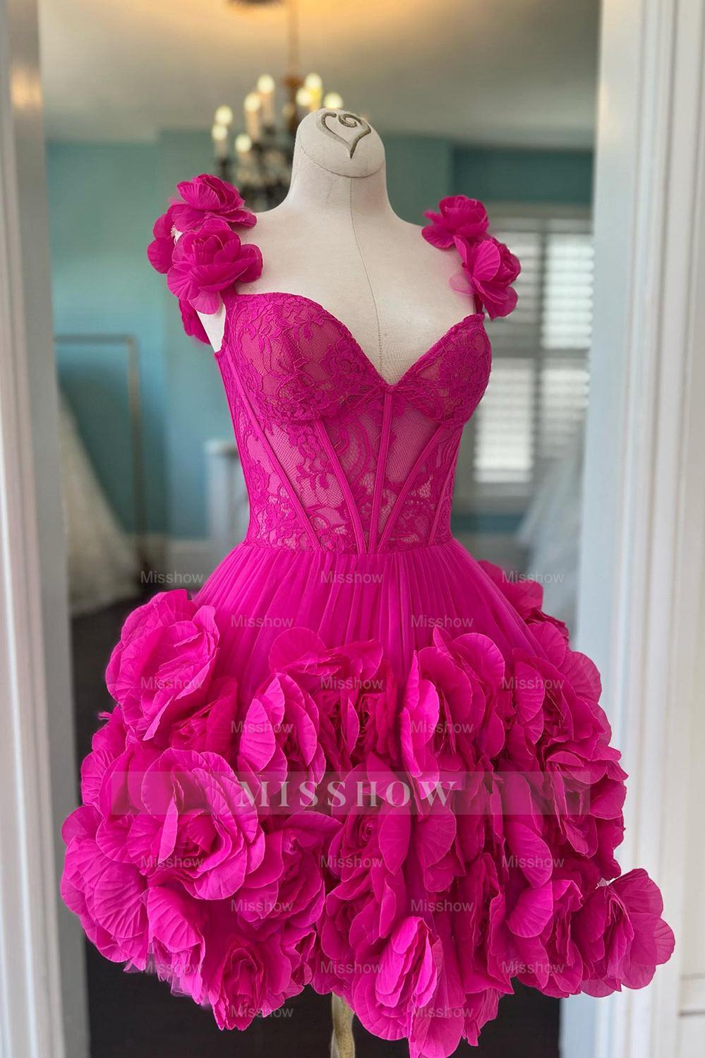 Misshow Fuchsia Corset Floral Ruffled Short Homecoming Dress/Mini Dress with Lace