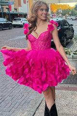 Misshow Fuchsia Corset Floral Ruffled Short Homecoming Dress/Mini Dress with Lace