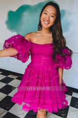 Misshow Fuchsia Corset Puff Sleeves A-Line Short Homecoming Dress/Mini Dress with Ruffles
