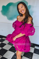 Misshow Fuchsia Corset Puff Sleeves A-Line Short Homecoming Dress/Mini Dress with Ruffles