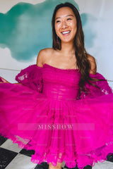 Misshow Fuchsia Corset Puff Sleeves A-Line Short Homecoming Dress/Mini Dress with Ruffles