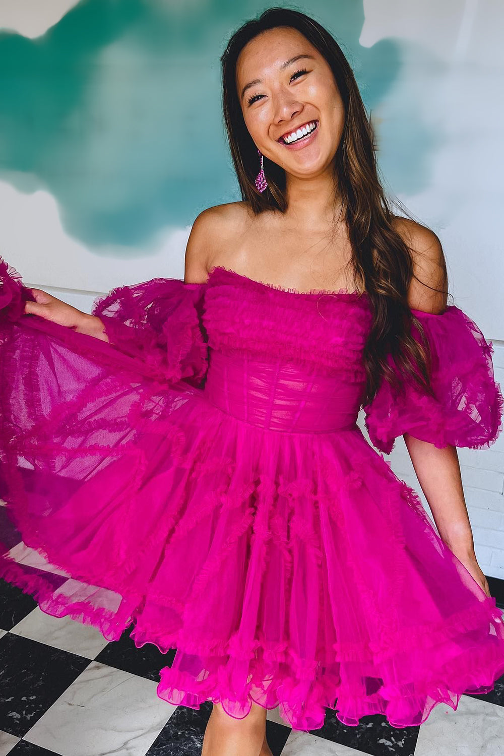 Misshow Fuchsia Corset Puff Sleeves A-Line Short Homecoming Dress/Mini Dress with Ruffles