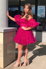 Misshow Fuchsia Corset Puff Sleeves A-Line Short Tulle Homecoming Dress/Mini Dress with Ruffles