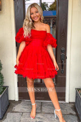 Misshow Fuchsia Corset Puff Sleeves A-Line Short Tulle Homecoming Dress/Mini Dress with Ruffles