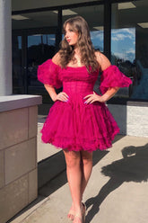 Misshow Fuchsia Corset Puff Sleeves A-Line Short Tulle Homecoming Dress/Mini Dress with Ruffles