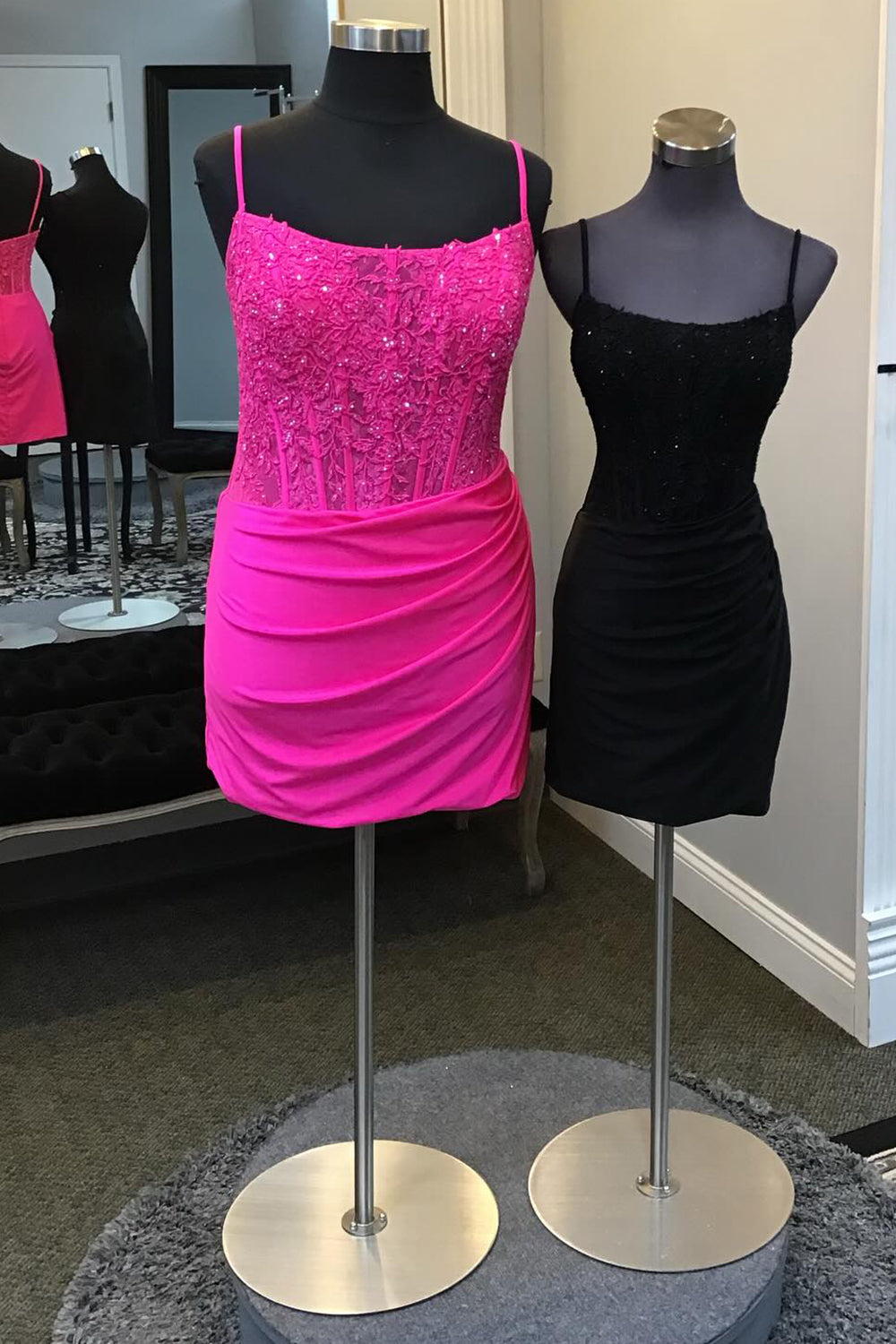 Misshow Fuchsia Corset Spaghetti Straps Tight Short Homecoming Dress/Mini Dress with Lace