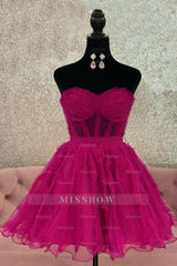 Misshow Fuchsia Corset Sweetheart A-Line Short Tulle Homecoming Dress/Mini Dress