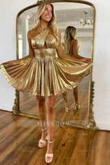 Misshow Fuchsia Criss Cross Halter A Line Satin Short Homecoming Dress/Mini Dress