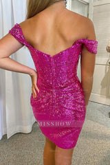 Misshow Fuchsia Detachable Off the Shoulder Sequins Tight Homecoming Dress/Mini Dress