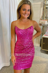 Misshow Fuchsia Detachable Off the Shoulder Sequins Tight Homecoming Dress/Mini Dress