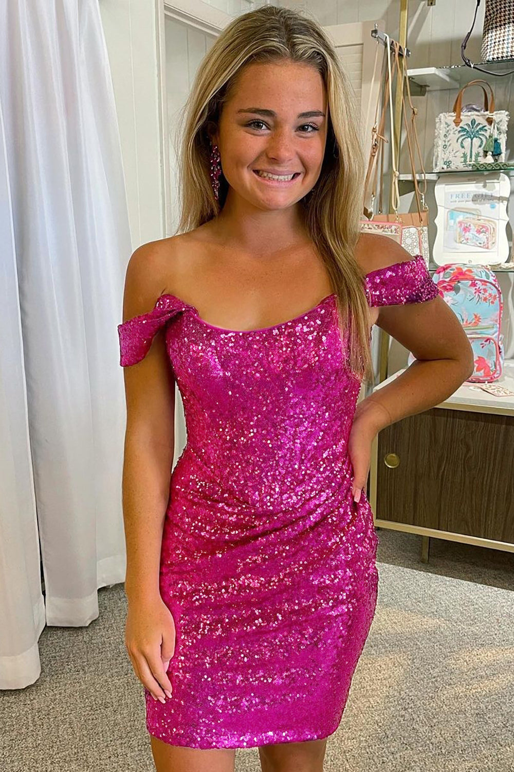 Misshow Fuchsia Detachable Off the Shoulder Sequins Tight Homecoming Dress/Mini Dress