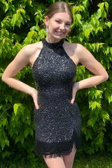 Misshow Fuchsia Halter Sequins Tight Homecoming Dress/Mini Dress with Fringes