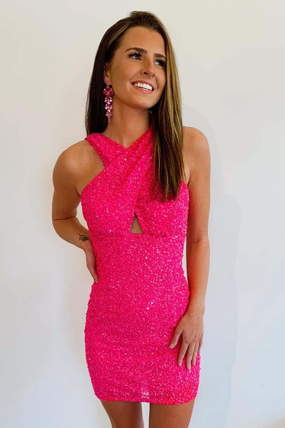 Misshow Fuchsia Halter Sleeveless Sequined Homecoming Dress/Mini Dress