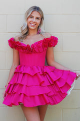 Misshow Fuchsia Off The Shoulder Corset Short Homecoming Dress/Mini Dress With Ruffles