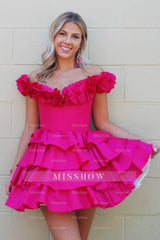 Misshow Fuchsia Off The Shoulder Corset Short Homecoming Dress/Mini Dress With Ruffles