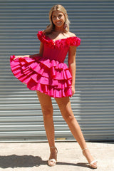 Misshow Fuchsia Off The Shoulder Corset Short Homecoming Dress/Mini Dress With Ruffles