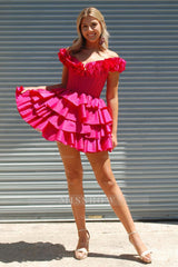 Misshow Fuchsia Off The Shoulder Corset Short Homecoming Dress/Mini Dress With Ruffles