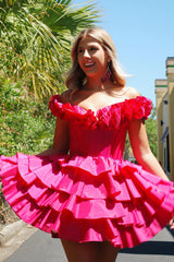 Misshow Fuchsia Off The Shoulder Corset Short Homecoming Dress/Mini Dress With Ruffles