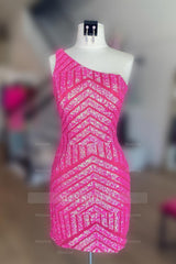 Misshow Fuchsia One Shoulder Sequins Tight Short Homecoming Dress/Mini Dress
