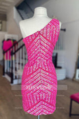 Misshow Fuchsia One Shoulder Sequins Tight Short Homecoming Dress/Mini Dress