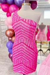 Misshow Fuchsia One Shoulder Sequins Tight Short Homecoming Dress/Mini Dress