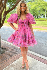 Misshow Fuchsia Puff Sleeves A-Line Floral Short Homecoming Dress/Mini Dress with Ruffles