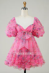 Misshow Fuchsia Puff Sleeves A-Line Floral Short Homecoming Dress/Mini Dress with Ruffles