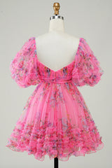 Misshow Fuchsia Puff Sleeves A-Line Floral Short Homecoming Dress/Mini Dress with Ruffles