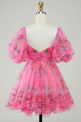 Misshow Fuchsia Puff Sleeves A-Line Floral Short Homecoming Dress/Mini Dress with Ruffles