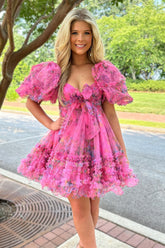 Misshow Fuchsia Puff Sleeves A-Line Floral Short Homecoming Dress/Mini Dress with Ruffles